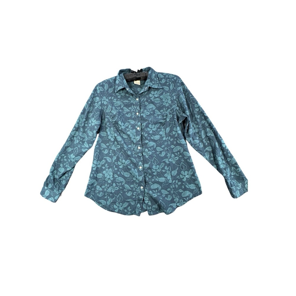 ExOfficio Womens M Blue Floral Travel Shirt Roll Tab Long Sleeve Hiking Outdoor